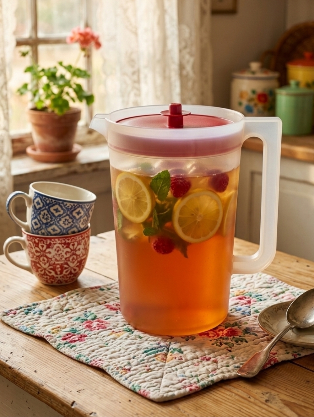 Tupperware Brand 4L 1 Gallon Pitcher Frosted Sheer Red Push Button Lid 1415 1980